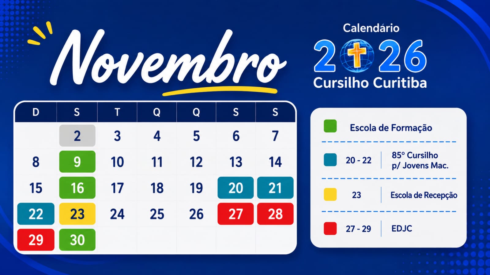 Agenda de Novembro 2026 - Cursilho Curitiba